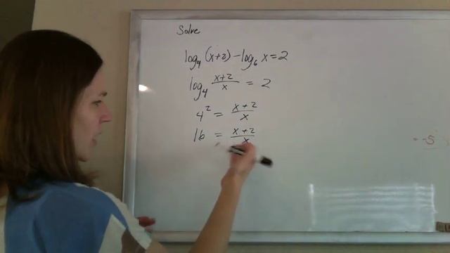 solving a logarithmic equation log(x+2) - logx = 2