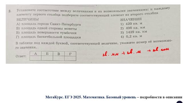 ЕГЭ. Математика. Базовый уровень. Задание 2. Установите соответствие между величинами и их ...