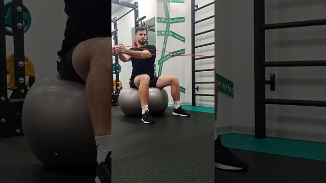 Ротация корпуса сидя на фитболе с резиновым эспандером