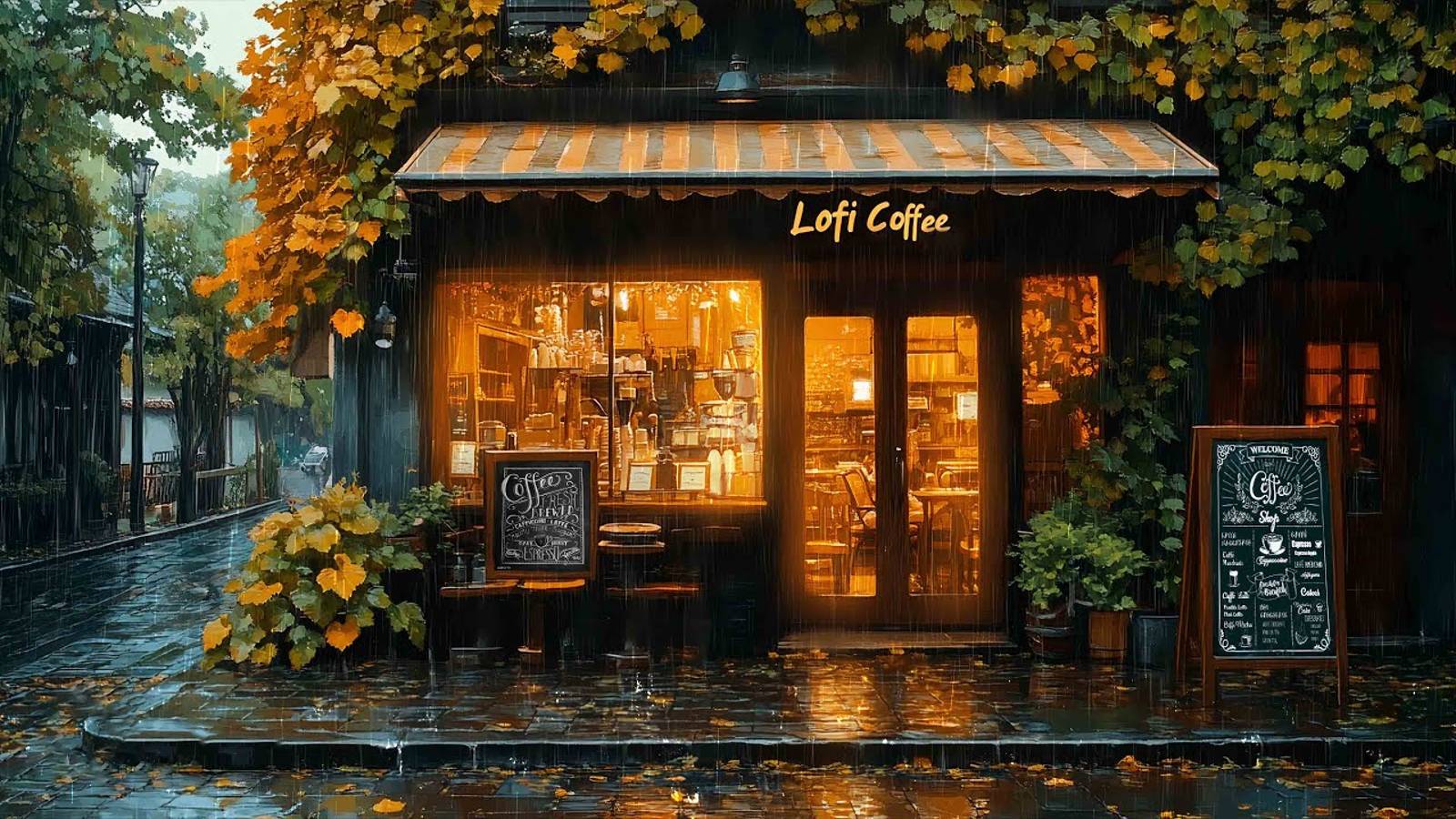 Rainy Coffee Shop ☕️ October Fall 🍂Rain Sound ☕️ Lofi Music to Study_Relax_Work