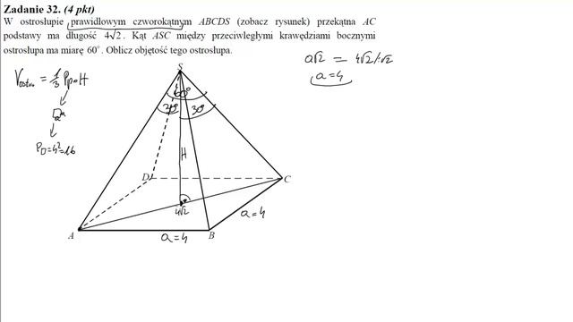 32  W ostrosłupie prawidłowym czworokątnym ABCDS zobacz rysunek przekątna AC podstawy ma długość 42
