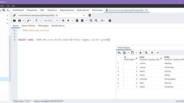 PostgreSQL JSON_AGG Function | JAON_AGG in PostgreSQL | JSON Aggregate Function in PostgreSQL