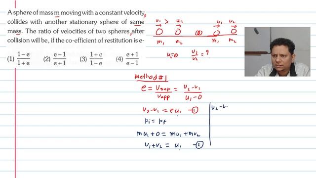A sphere of mass m moving with a constant velocity collides with another stationary sphere of same