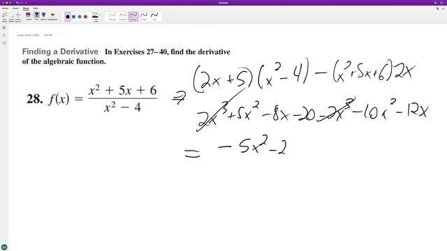 f(x) = (x^2 + 5x + 6)/(x^2 - 4) find the derivative using the quotient rule.