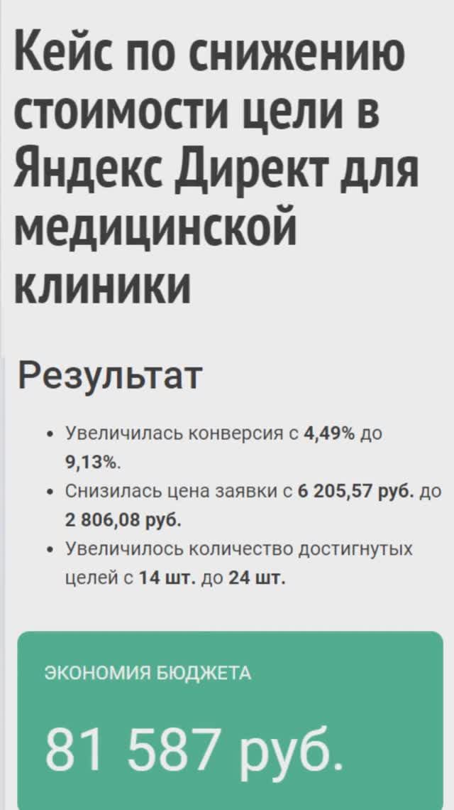 Кейс по снижению стоимости цели в Яндекс Директ для медицинской клиники Shorts