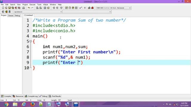 Write A Program In C Sum of Two Number