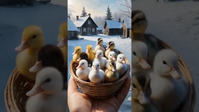 🦆Крошечные утята греются в ладошках посреди морозного села🦆❄️❄️❄️#утка#утенок#утята#утки#duck#ai