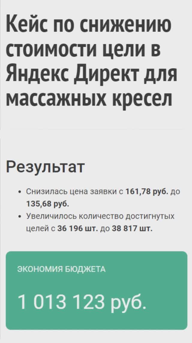 Кейс по снижению стоимости цели в Яндекс Директ для массажных кресел, медицинской клиники, агрегатор