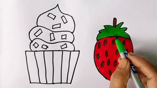 Красивый рисунок - раскраска! Рисованное мороженое и клубника для детей и малышей