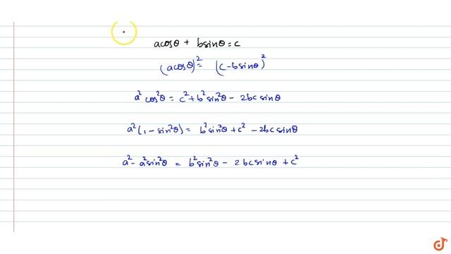 lf  `alpha,beta`  are roots of  `a cos theta + b sin theta = c` then value of  `sin alpha + sin...