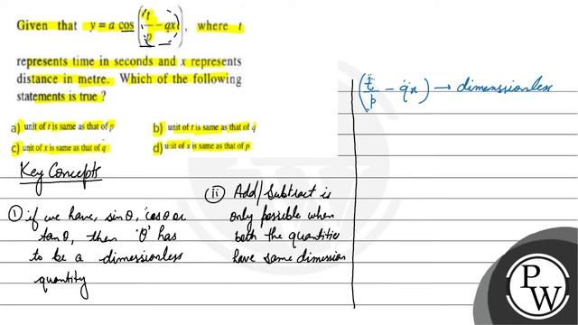 Given that \( y=a \cos \left(\frac{t}{p}-q x\right) \), where \( t ...