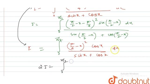 Evaluate: `int_0^(pi/2) ((x-pi/4)^2 sinx)/(sinx+cosx)dx`