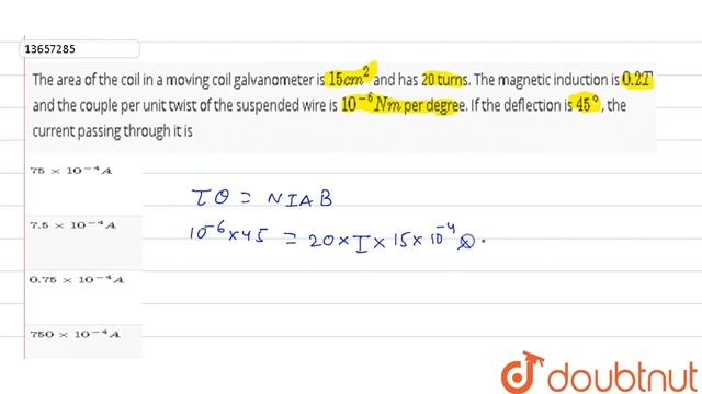 The area of the coil in a moving coil galvanometer is `15cm^(2)` and has 20 turns. The magnetic ind
