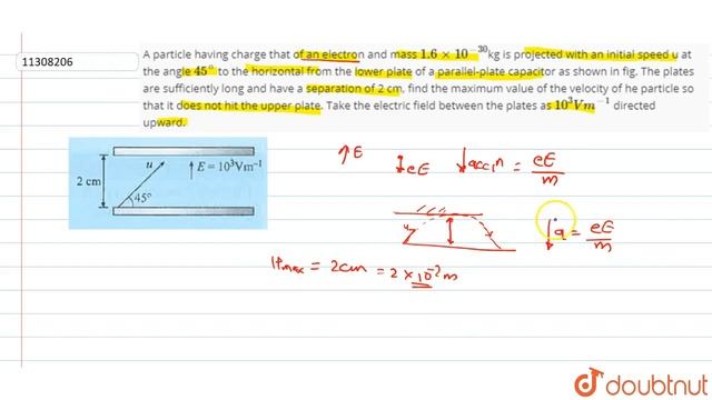 A partical having charge that of an electron and mass 1.6xx10^(-30)kg is projected with an initi...