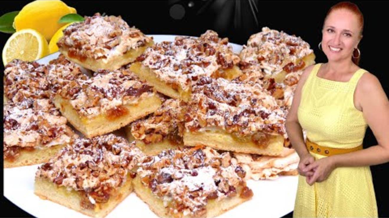 Лимонные пирожные Дамский каприз с безе и орехами, выпечка, лимонное печенье к чаю
