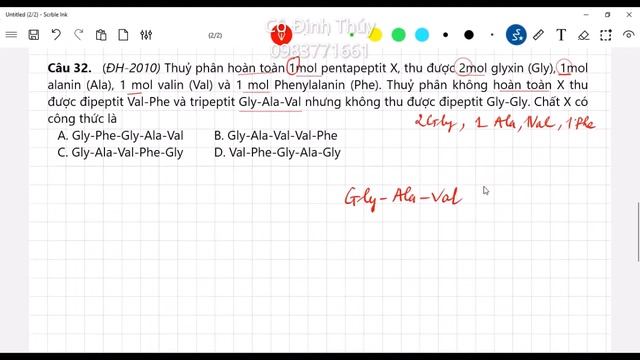 Thuỷ phân hoàn toàn 1mol pentapeptit X, thu được 2mol glyxin (Gly), 1mol alanin (Ala), 1 mol