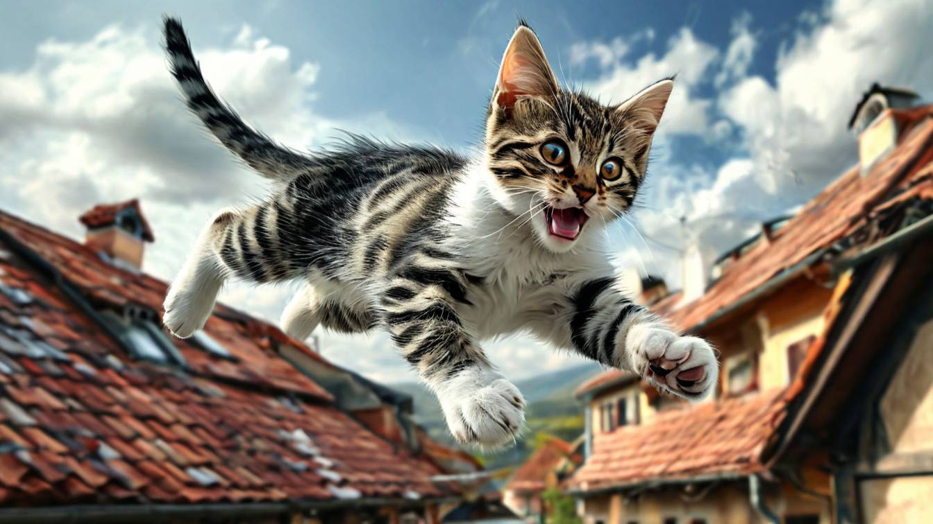 Кот в затяжном прыжке с крыши на крышу!