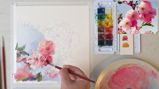 Watercolor Painting TUTORIAL - How to Paint a BLOSSOM SAKURA FLOWERS
