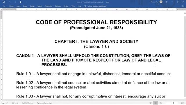 Code of Professional Responsibility (CPR) for Lawyers (PH) CANON 1 (Rules 1.01-1.04) On Repeat 3x