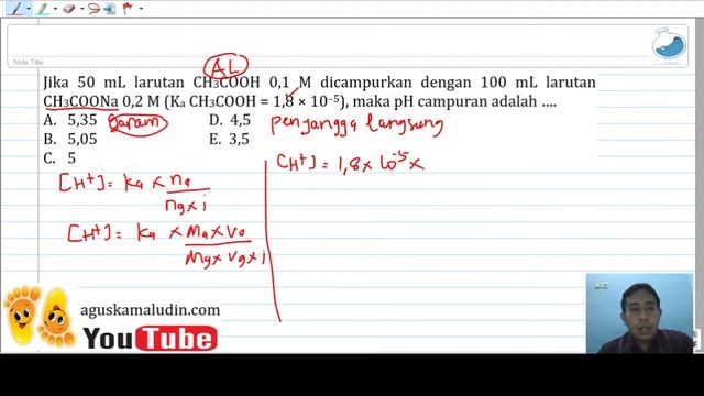 Soal dan Pembahasan Larutan Penyangga Nomor 6 Paket A: pH penyangga asam secara langsung