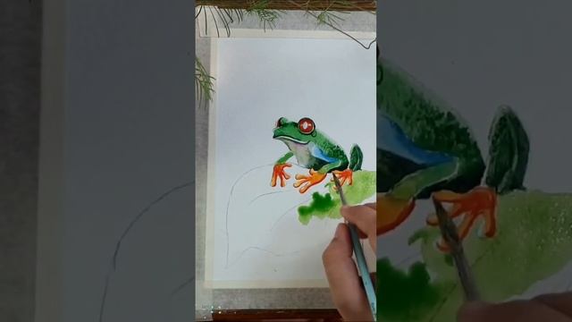 watercolour painting of a beautiful green frog #greenfrog  #watercolor #artomaniac #winterpainting