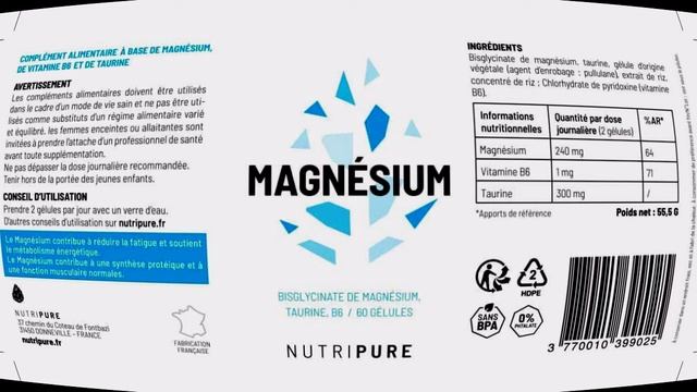 NUTRIPURE,Vegetable Magnesium , Vitamin B6,High absorption,Anti-Fatigue ,Made in France.