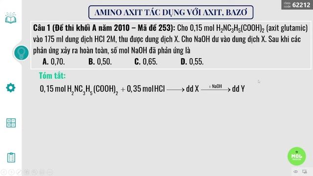 Chương III: Amino axit. Chủ đề 2: Bài tập aminoaxit tác dụng với axit, bazơ. Câu số 01.