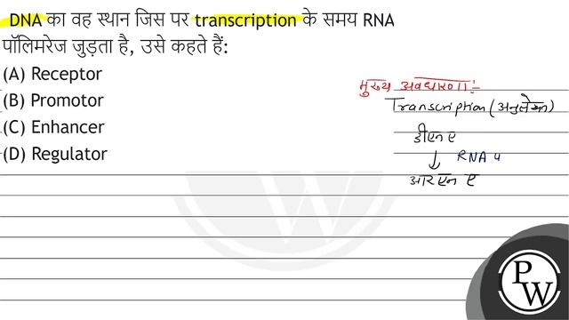 DNA का वह स्थान जिस पर transcription के समय RNA पॉलिमरेज जुड़ता है, उसे कहते हैं:
(A) Receptor
(...
