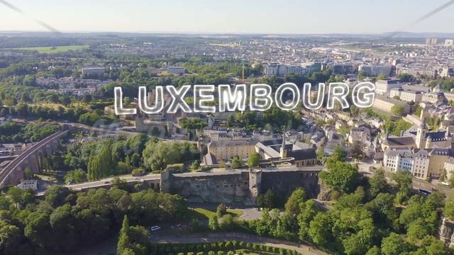 Inscription on video. Luxembourg, Historical city center in the morning. Neon white effect text, Ae