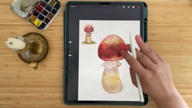 Рисуем мухомор акварельными кистями в Procreate