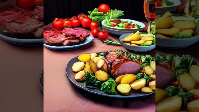 Салат, жареная картошка и мясо на столе, создано с помощью нейросети
