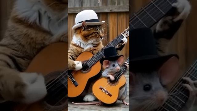 Преданные друзья Кот и мышь играют на гитаре