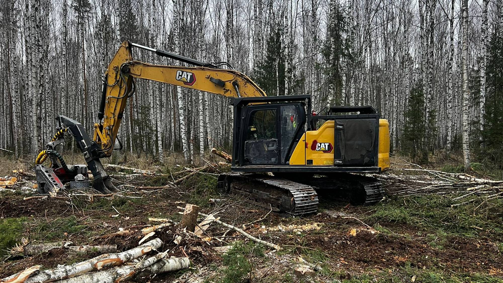 Работа харвестера CAT 320 с агрегатом LogMax7000 TWIN