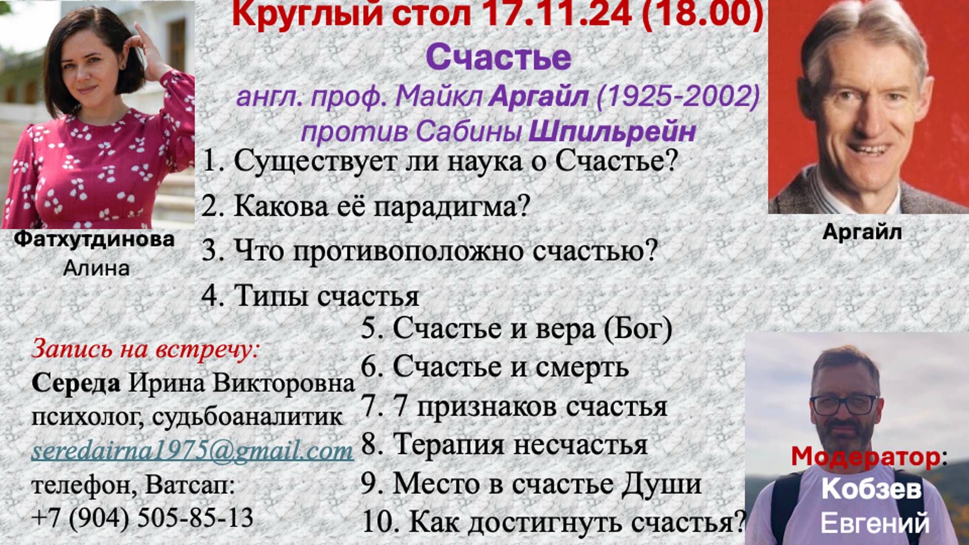 Круглый стол о Счастье 17.11.24 - англ. проф. Майкл Аргайл (1925-2002) против Сабины Шпильрейн