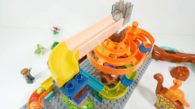 Американская горка Building Block ☆ Конструктор Marble Run - ASMR - Динозавры и два спиральных склон