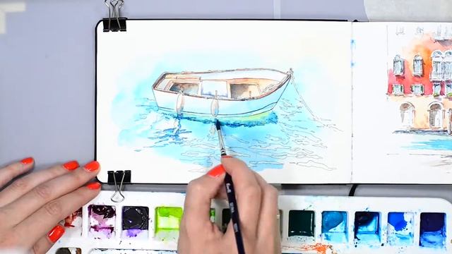 Лодка и отражение акварелью. A boat and reflection in watercolor.