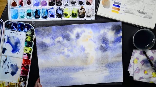 Штормовое небо.  Морской пейзаж акварелью. Stormy sky and seascape in watercolors.