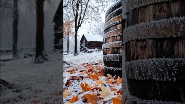 Осень в инее, угол старого деревянного дома