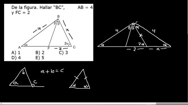 De la figura hallar BC , AB=4 y FC=2 Triángulos, problemas de geometría, aplicando propiedades