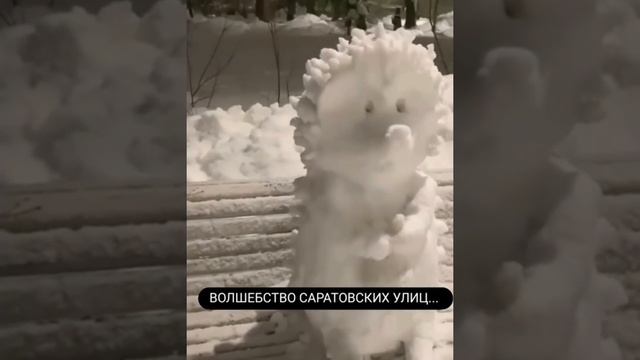 На улицах Саратова на лавочках сидят такие снеговики ⛄ в виде ёжика 🦔 Зима ❄️ 2023