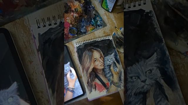 живопись портрет с кошкой