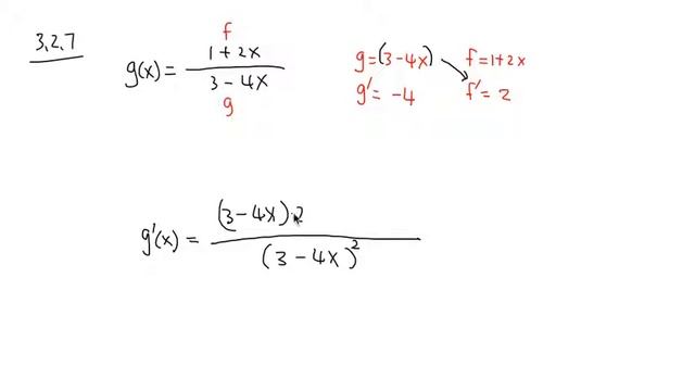 derivative of (1+2x)/(3-4x), quotient rule, calculus 1 tutorial.