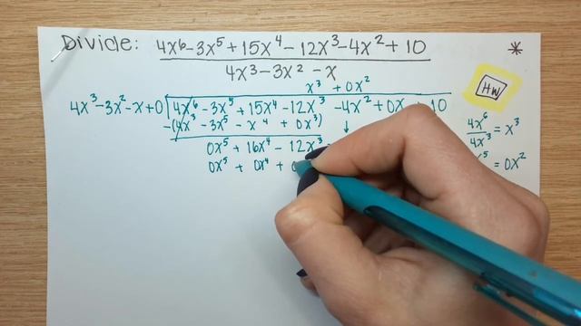 Divide 4x^6–3x^5+15x^4–12x^3–4x^2+10 by 4x^3–3x^2–x