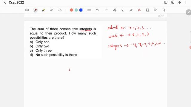 CSAT 2022 Answer Key - The sum of three consecutive integers is equal to their product....