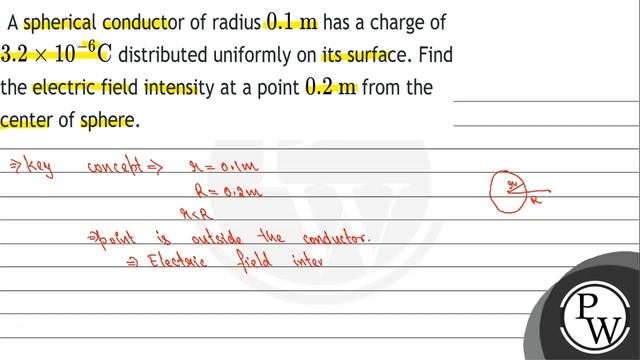 A spherical conductor of radius \( 0.1 \mathrm{~m} \) has a charge of \( 3.2 \times 10^{-6} \mat...