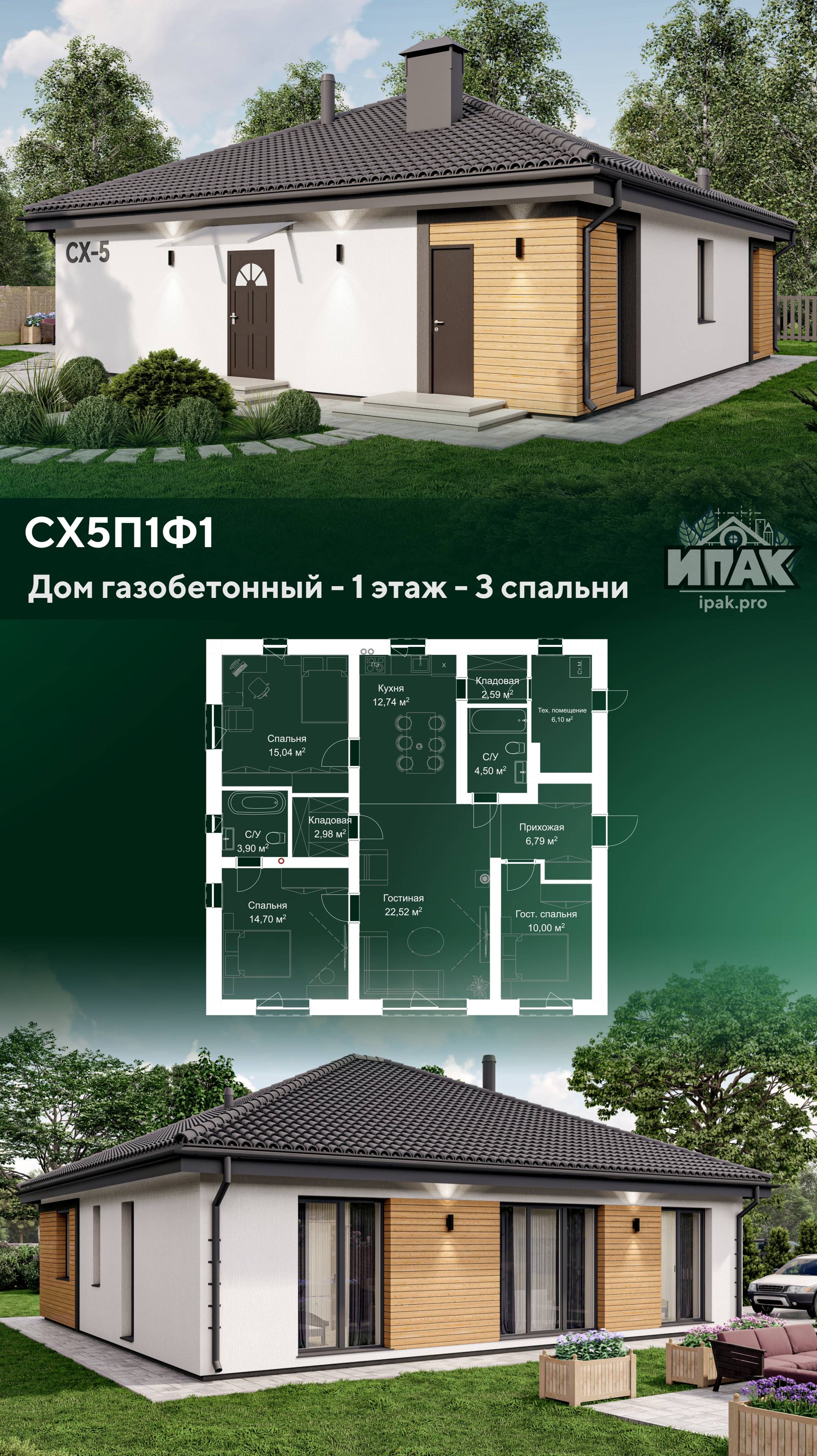 СХ5П1Ф1 - Дом блочный - 1 этаж - 3 спальни