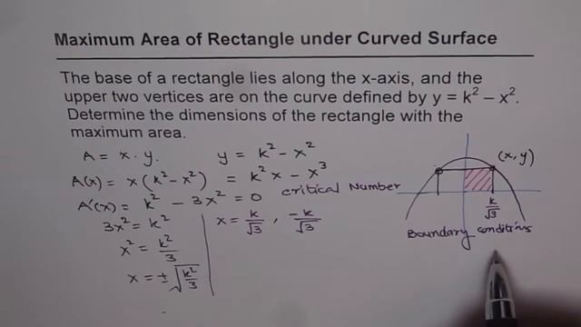 Maximum Area of Rectangle Under a Curve Parabola K^2 - x Application Derivatives