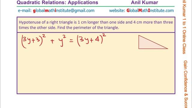 Hypotenuse is 4 more than 3 times a side find perimeter of triangle Quadratic Application