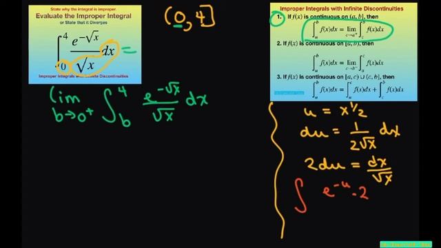 Evaluate Improper Integral e^(-sqrt(x))/sqrt(x) dx over (0, 4]. Infinite Discontinuities