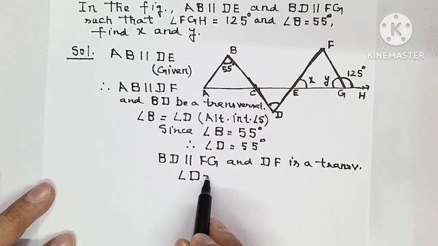 In the fig., AB||DE and BD||FG such that angle FGH=125° and angle B=55°, find x and y.